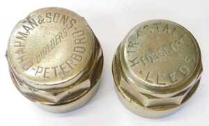 Two brass wagon caps, for Kirkstall Forge Company Leeds, and Chapmans and Sons Builders... - 2