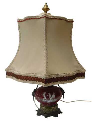 A Victorian Neoclassical style porcelain and gilt mounted table lamp, the bottle shaped body...
