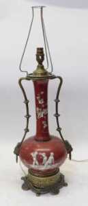 A Victorian Neoclassical style porcelain and gilt mounted table lamp, the bottle shaped body... - 2