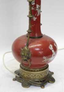 A Victorian Neoclassical style porcelain and gilt mounted table lamp, the bottle shaped body... - 4
