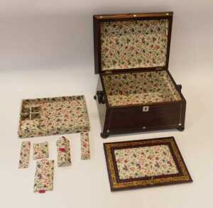 A Regency inlaid rosewood sarcophagus-shaped workbox, the caddy-shaped hinged lid with mother-of-... - 3