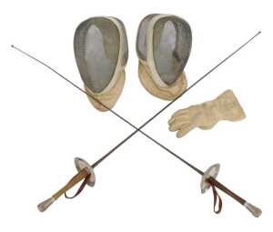 A pair of fencing foils, together with two masks, and one pair of gloves.