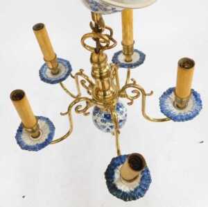 A 20thC Delft pottery and brass five branch chandelier, decorated with flowers, including... - 2