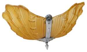 An Art Deco amber tinted moulded glass ceiling light, the three sections of glass within a metal...