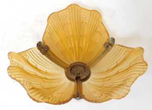 An Art Deco amber tinted moulded glass ceiling light, the three sections of glass within a metal... - 2