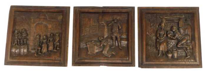 Three 20thC oak panels in the 18thC style, each depicting figures, to include a figure of a...