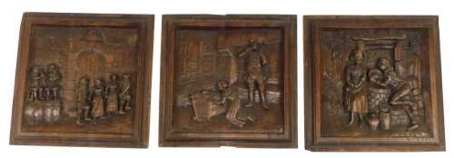 Three 20thC oak panels in the 18thC style, each depicting figures, to include a figure of a...