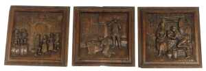 Three 20thC oak panels in the 18thC style, each depicting figures, to include a figure of a...