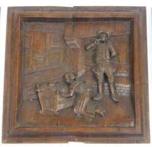 Three 20thC oak panels in the 18thC style, each depicting figures, to include a figure of a... - 3