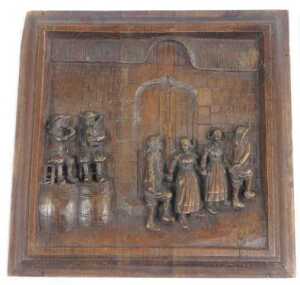 Three 20thC oak panels in the 18thC style, each depicting figures, to include a figure of a... - 4