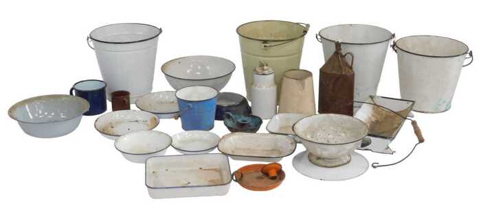 A group of enamelled wares, to include buckets, jugs, predominantly blue and white, etc. (a...