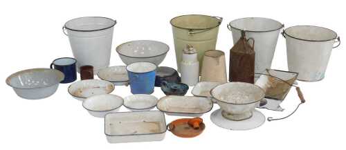 A group of enamelled wares, to include buckets, jugs, predominantly blue and white, etc. (a...