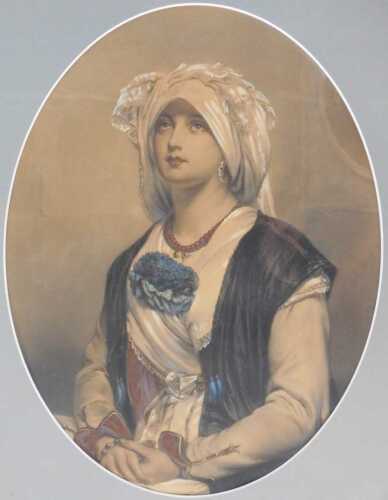 After Jean-Francois Portaels. A Sicilian Woman, coloured stipple engraving, oval, 40cm x 30cm,...