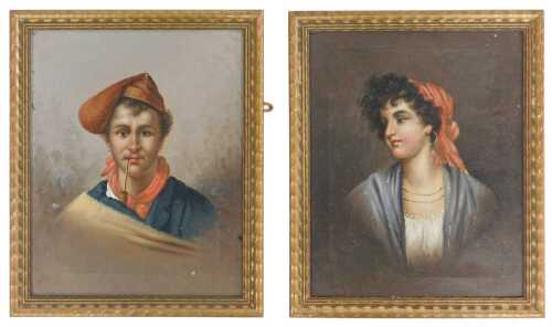 Early 20thC Italian School. Portrait studies of a gentleman with pipe and a lady wearing a...