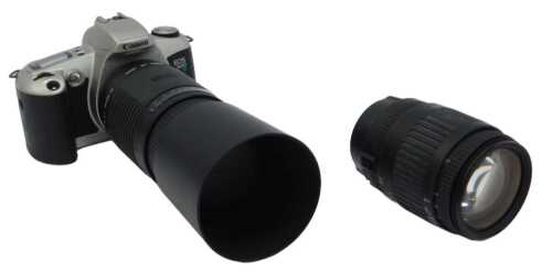A Canon EOS 500N camera, together with a Sigma 75-300mm lens, and a Sigma 28-200mm lens.