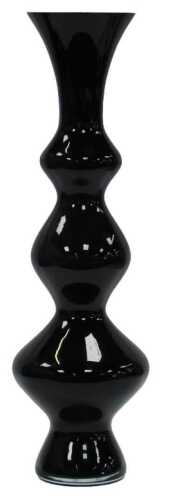 A 20thC black glass vase, possibly Czech, of triple gourd form with a flared neck, raised on a...