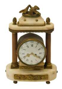 A 19thC French 'arbour' style drum head mantel clock, the white enamelled dial with Arabic and...