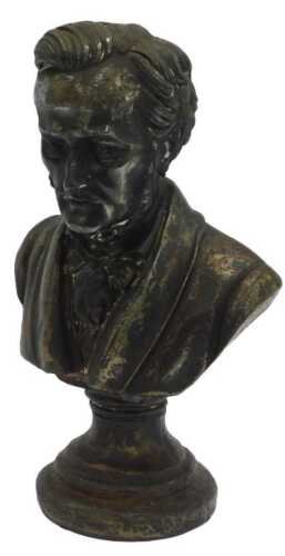 A cast metal bust depicting Wilhelm Richard Wagner, raised on a circular stepped base, 33cm high.