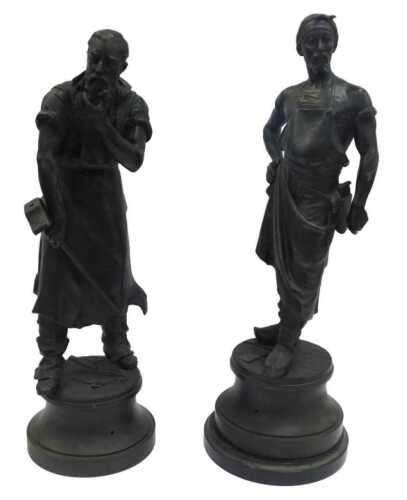 Two 20thC cast metal figures, each depicting a blacksmith, in differing pose, 66cm high and 70cm...