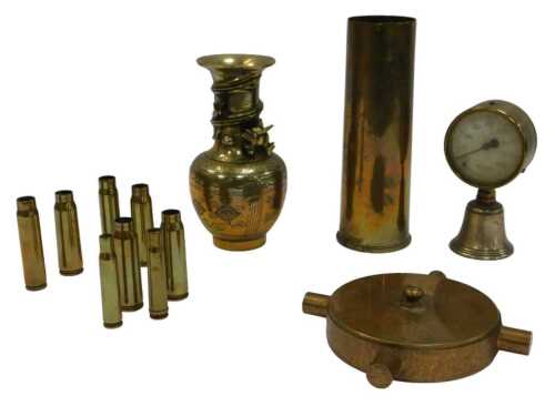 A group of brassware, to include a World War I shell case, dated 1916 to underside, 29cm high,...