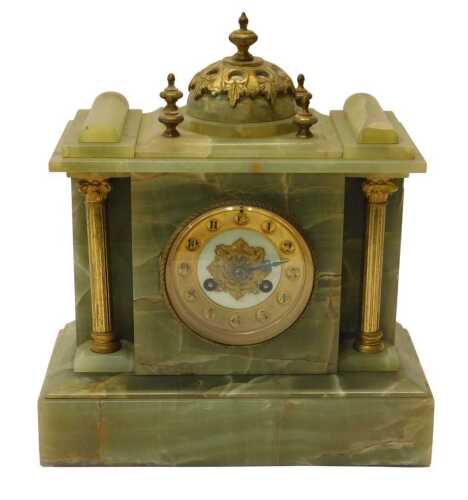 A Victorian green onyx architectural cased mantel clock, having a brass chapter ring and Arabic...