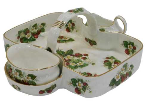 A Hammersley & Co porcelain Strawberry Ripe pattern strawberry dish, containing a cream jug and...