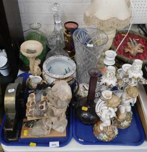 Decorative ornaments, glassware, to include candlesticks, figurines, mantel clock, Oriental...