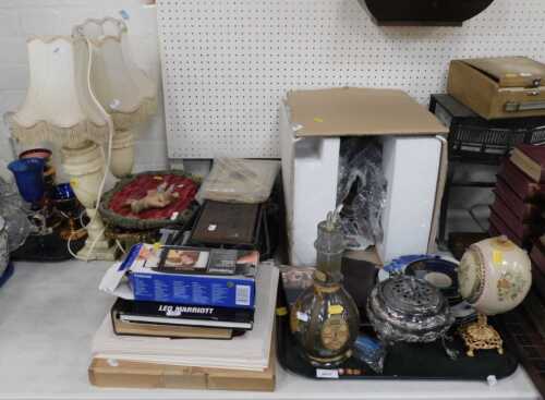 Household items, to include a pair of alabaster table lamps, wall plaques, a cast iron and...