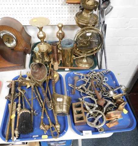 Brassware, metalware, to include gong, oil lamp, candlesticks, shell casing, fire irons, horse...