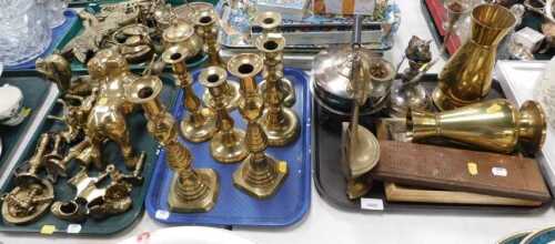 Brassware and metalware, to include ejector candlesticks, animal figures, small and large, vases,...