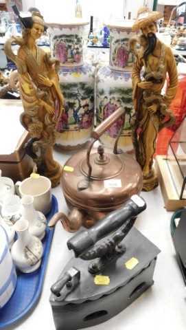 Ceramics and decorative household items, to include a copper kettle, a large iron, two Oriental...