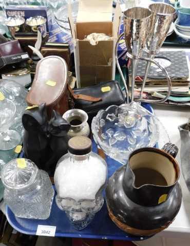 Household decorative items, to include a glass skull containing bath crystals, harvest jug,...