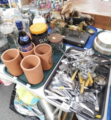 Flatware, household wares, to include knives, forks, spoons, small tankard, wine holders, sugar...