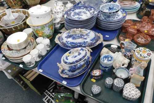 Ceramics, to include a blue and white Flow Blue part dinner service, including tureens, covers,...