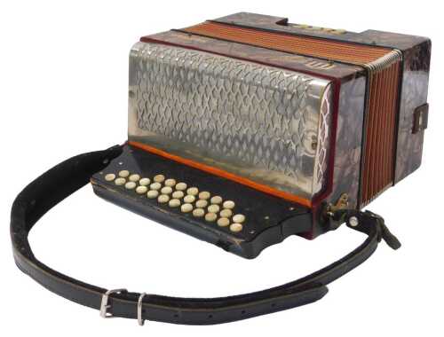 A Hohner Victoria Club Modell accordion, with thirty mother-of-pearl buttons, and carrying strap,...