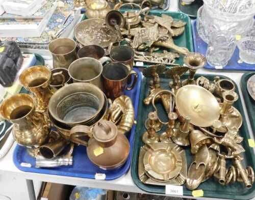 Metalware, including brassware, candlesticks, wall sconces, ashtrays, copperware including pot...