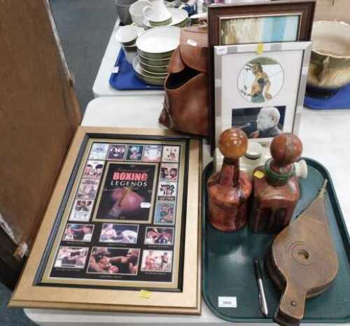 Miscellaneous items, to include two leather bound decanters, hot water bottle, pair of bellows,...