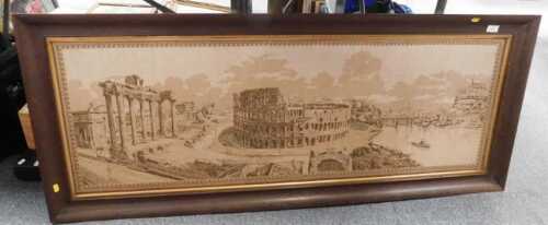 A large tapestry, framed, of Italy, including the Colosseum, Venice, etc.