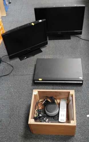 Electronics, including a Sony HDMI DVD recorder, an Amazon Echo Dot, remote controls, a small...