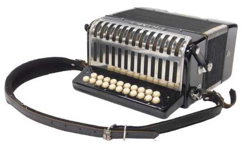 A Primo accordion, with twenty-one simulated mother-of-pearl buttons, in black with an oakwood...