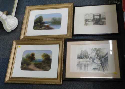 Pictures and prints, to include a scene of Tower Bridge, a scene of Cambridge, a country scene,...
