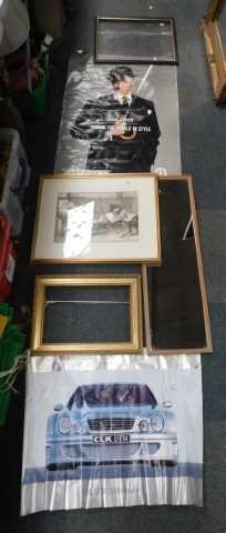 Pictures and prints, to include an interior scene, a mirror, and two picture frames. (contents...