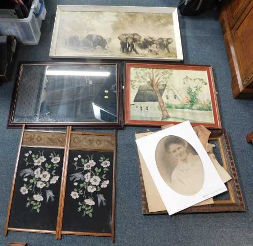 Pictures, prints and mirrors, pictures to include a large scene of elephants across the Savannah,...