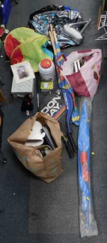 Miscellaneous household items, to include golf clubs, tennis racket, wind breakers, tins,...