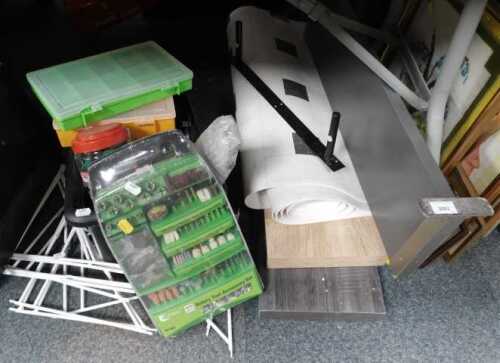 Household items, to include a shelf bracket system, bungee cord, hand tools, 400 piece rotary...
