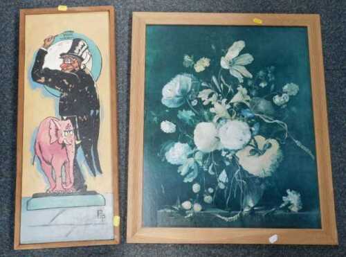 Pictures and prints, comprising a still life of flowers, and a cartoon of a gentleman weighing...