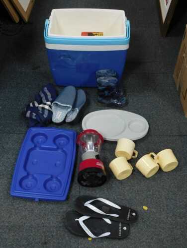 A cool box, picnic wares, etc, and a Burberry shawl. (1 box)