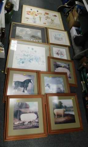 Pictures and prints, to include a river estuary scene, still life of flowers, town scape. (10)
