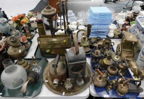 Brassware and metalware, to include a Sentinel road lamp, kettle, bells, carthorse, irons, vases,...