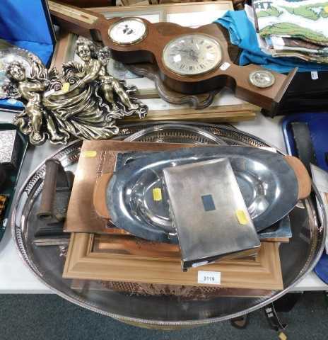 Assorted household items, to include a silver plated cigarette box, an iron, a large oval...